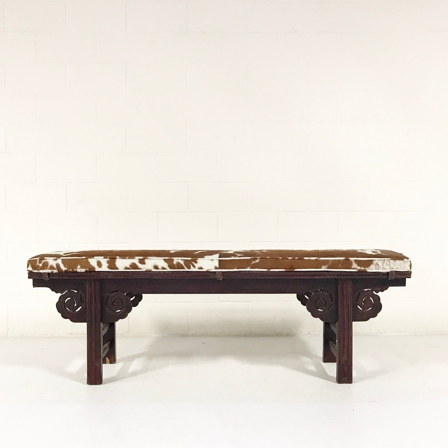 ON HOLD Vintage Chinese Bench with Brazilian Cowhide Cushion FORSYTH