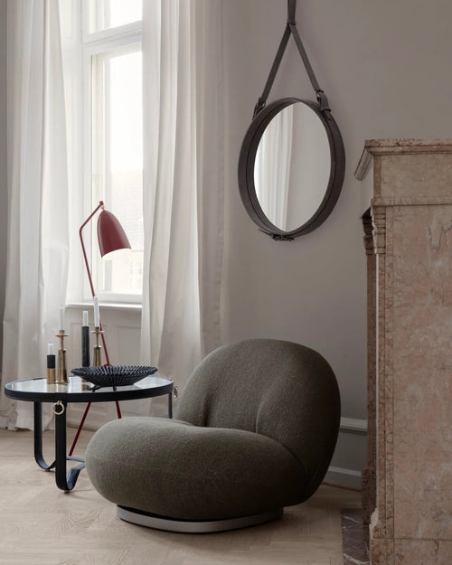 Adnet Wall Mirror, Circle | Black Leather