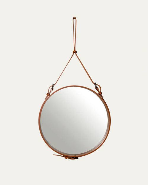 Adnet Wall Mirror, Circle | Tan Leather
