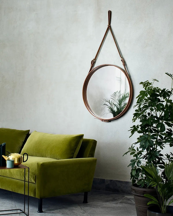 Adnet Wall Mirror, Circle | Tan Leather