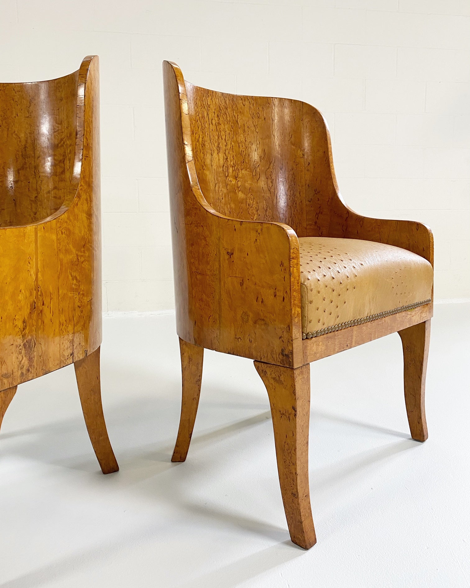 Biedermeier Gnarled Birch Armchairs in Ostrich Leather, pair